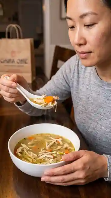 a peerson having egg drop soup